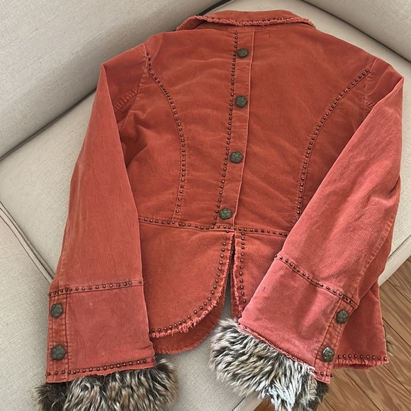 Corduroy jacket. Fur cuffs. pumpkin color with brass studs & buttons. So unique! - Picture 3 of 10